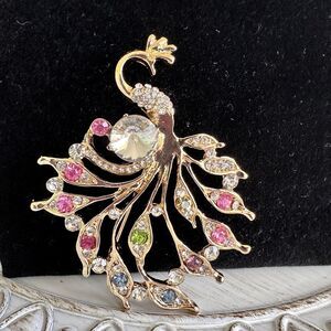 Peacock Colorful Whimsical Rhinestone Pin Brooch Fashion Jewelry Mom Kids Gift